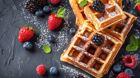 Belgian waffles with strawberries, blueberries and syrup, homemade healthy breakfast, toned image, selective focusの写真素材