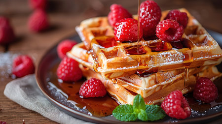 Belgian waffles with strawberries, blueberries and syrup, homemade healthy breakfast, toned image, selective focusの写真素材