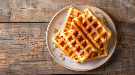Belgian waffles with strawberries, blueberries and syrup, homemade healthy breakfast, toned image, selective focusの写真素材