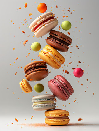 Sweet macaroons macarons with crumbs falling flying isolated on blue background.の素材