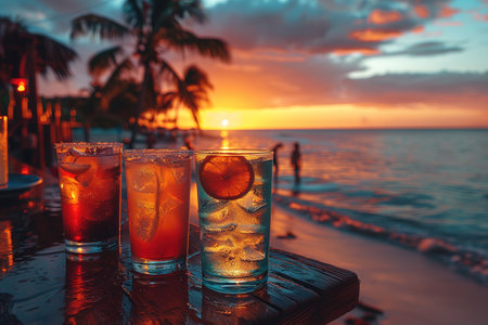 Various delicious cocktails on the bar counter against the background of palm trees and the sea in the evening.の素材