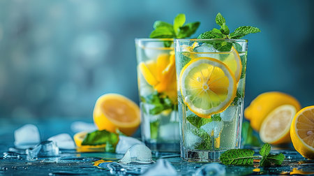 Mojito or virgin mojito long rum drink with fresh mint, lime juice, cane sugar and soda.の素材