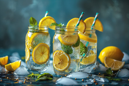 Lemonade with ice in a pitcher and glass on a wooden table with fruit and crushed ice outside with a lemon field in the background on a sunny day. Front view. Horizontal composition.の写真素材