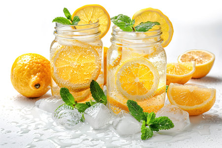 Lemonade with ice in a pitcher and glass on a wooden table with fruit and crushed ice outside with a lemon field in the background on a sunny day. Front view. Horizontal composition.の写真素材
