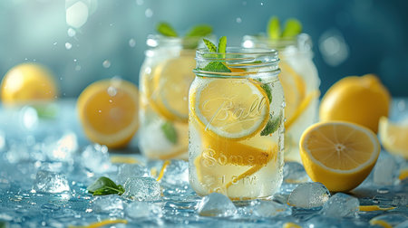 Lemonade with ice in a pitcher and glass on a wooden table with fruit and crushed ice outside with a lemon field in the background on a sunny day. Front view. Horizontal composition.の写真素材