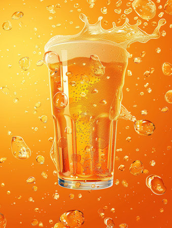 Splashes and drops. Glass of frothy light lager beer isolated over orange background. Popular drink. Concept of alcohol, Oktoberfest, drinks, holidays and festivals. Copy space for ad.の写真素材