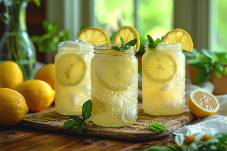 Lemonade with ice in a pitcher and glass on a wooden table with fruit and crushed ice outside with a lemon field in the background on a sunny day. Front view. Horizontal composition.の写真素材