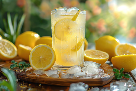Lemonade with ice in a pitcher and glass on a wooden table with fruit and crushed ice outside with a lemon field in the background on a sunny day. Front view. Horizontal composition.の写真素材