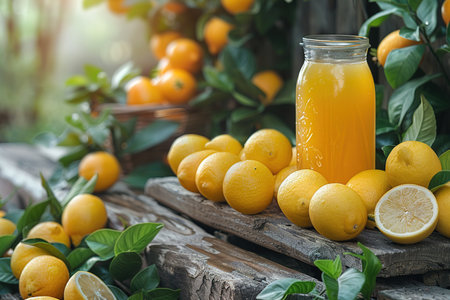 Lemonade with ice in a pitcher and glass on a wooden table with fruit and crushed ice outside with a lemon field in the background on a sunny day. Front view. Horizontal composition.の写真素材