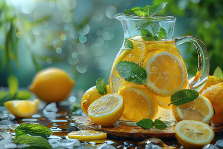 Lemonade with ice in a pitcher and glass on a wooden table with fruit and crushed ice outside with a lemon field in the background on a sunny day. Front view. Horizontal composition.の写真素材