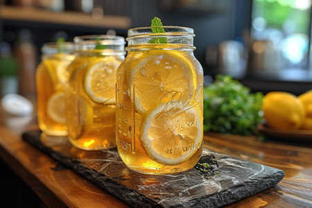 Lemonade with ice in a pitcher and glass on a wooden table with fruit and crushed ice outside with a lemon field in the background on a sunny day. Front view. Horizontal composition.の写真素材