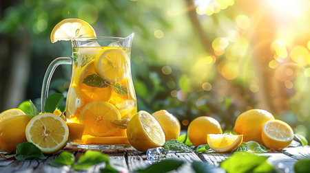 Lemonade with ice in a pitcher and glass on a wooden table with fruit and crushed ice outside with a lemon field in the background on a sunny day. Front view. Horizontal composition.の写真素材