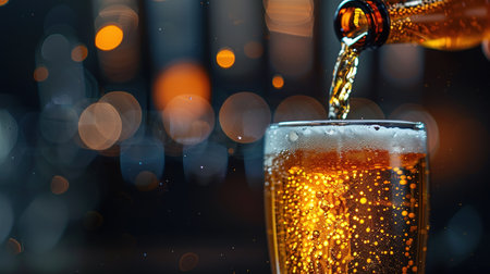 Beer is poured from dark brown bottle into beer glass. Close-up light fresh beer poured into glass steamed up from cold. Lager beer foams and pours from bottle into glass.の写真素材