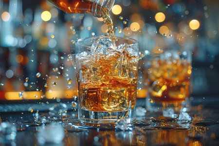 A close up shot of a bartender pouring whiskey. Classic old fashioned cocktail served with a cube of ice. Concept of bourbon whiskey, spirits and alcohol.の写真素材