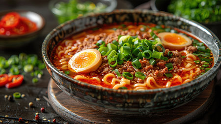 Miso Ramen Asian noodles with egg, enoki and pak choi cabbage in bowl on dark concrete background.の素材