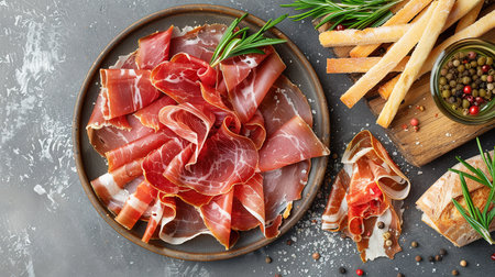 Slices of prosciutto di parma or jamon serrano (iberico) on a black plate, stone or concrete background. Top view with copy space.の素材