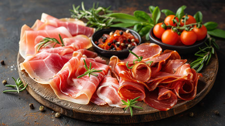 Slices of prosciutto di parma or jamon serrano (iberico) on a dark cutting board, stone or concrete background.の素材