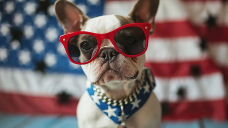 Portrait of proud dog in stars and stripes sunglasses bow tie against the background of the American flag. Celebration of Independence day, 4th July, Memorial Day, American Flag Day, Labor day party eventの素材