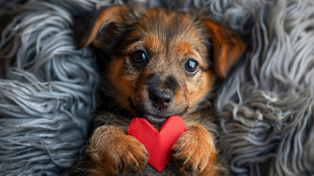 A cute puppy with a paper heart in its paws on a gray background with a copy of the space. The concept of celebrating Valentine's Day, as well as a picture for veterinary clinics or animal shelters.の素材