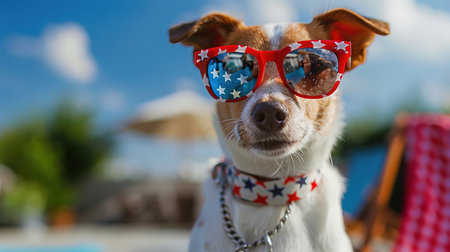 Portrait of proud dog in stars and stripes sunglasses bow tie against the background of the American flag. Celebration of Independence day, 4th July, Memorial Day, American Flag Day, Labor day party eventの素材