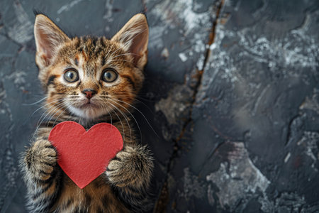 A cute kitty with a paper heart in its paws on a gray background with a copy of the space. The concept of celebrating Valentine's Day, as well as a picture for veterinary clinics or animal shelters.の素材