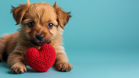 A cute puppy with a paper heart in its paws on a blue background with a copy of the space. The concept of celebrating Valentine's Day, as well as a picture for veterinary clinics or animal shelters.の素材