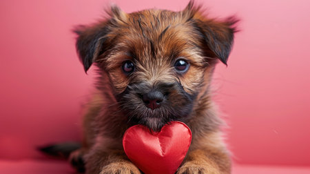 A cute puppy with a paper heart in its paws on a pink background with a copy of the space. The concept of celebrating Valentine's Day, as well as a picture for veterinary clinics or animal shelters.の素材