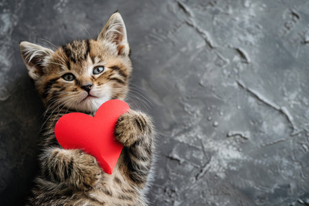 A cute kitty with a paper heart in its paws on a gray background with a copy of the space. The concept of celebrating Valentine's Day, as well as a picture for veterinary clinics or animal shelters.の素材