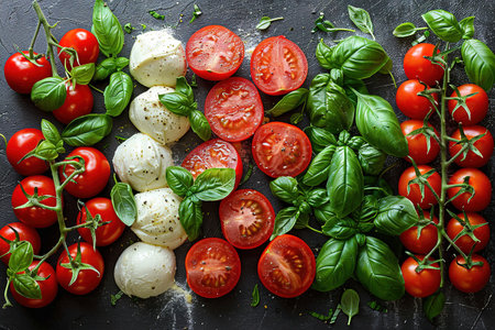Flag of Italy made of basel leaves, mozzarella cheese, and cherry tomatoes. Flat lay. Food concept.の素材