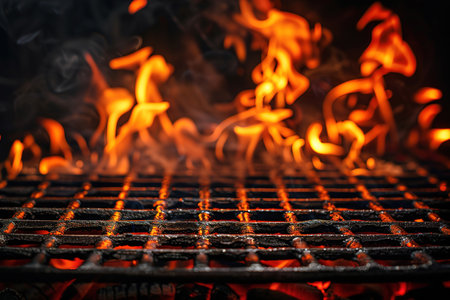 Hot empty portable barbecue BBQ grill with flaming fire and ember charcoal on black background. Waiting for the placement of your food. Close upの素材