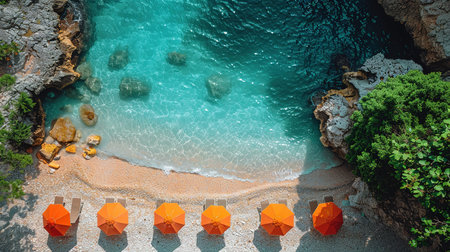 Aerial view of yellow and blue umbrellas on empty sandy beach, blue sea at sunset in summer. Tropical landscape with turquoise water. Travel and vacation in Sardinia, Italy. Top view from droneの素材