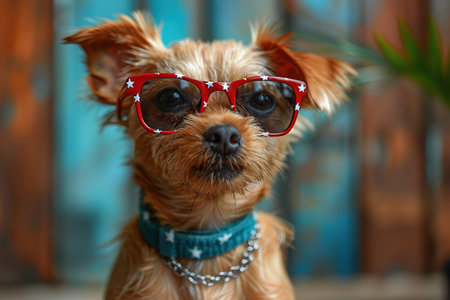 Portrait of proud dog in stars and stripes sunglasses bow tie against the background of the American flag. Celebration of Independence day, 4th July, Memorial Day, American Flag Day, Labor day party eventの素材