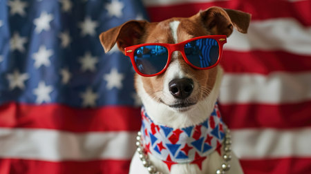 Portrait of proud dog in stars and stripes sunglasses bow tie against the background of the American flag. Celebration of Independence day, 4th July, Memorial Day, American Flag Day, Labor day party eventの素材