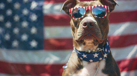 Portrait of proud dog in stars and stripes sunglasses bow tie against the background of the American flag. Celebration of Independence day, 4th July, Memorial Day, American Flag Day, Labor day party eventの素材