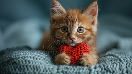 A cute kitty with a paper heart in its paws on a blue background with a copy of the space. The concept of celebrating Valentine's Day, as well as a picture for veterinary clinics or animal shelters.の素材