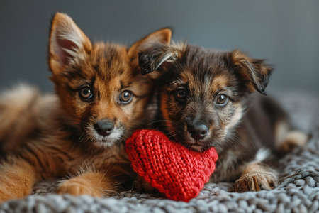 A two cute puppies with a paper heart in their paws on a gray background with a copy of the space. The concept of celebrating Valentine's Day, as well as a picture for veterinary clinics or animal shelters.の素材