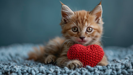A cute kitty with a paper heart in its paws on a blue background with a copy of the space. The concept of celebrating Valentine's Day, as well as a picture for veterinary clinics or animal shelters.の素材