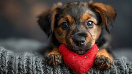 A cute puppy with a paper heart in its paws on a gray background with a copy of the space. The concept of celebrating Valentine's Day, as well as a picture for veterinary clinics or animal shelters.の素材