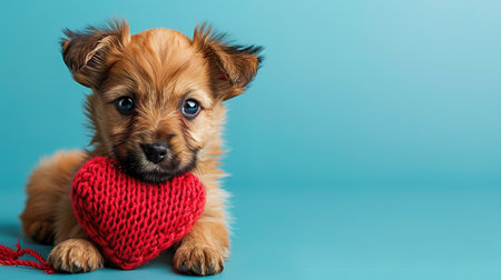 A cute puppy with a paper heart in its paws on a blue background with a copy of the space. The concept of celebrating Valentine's Day, as well as a picture for veterinary clinics or animal shelters.の素材