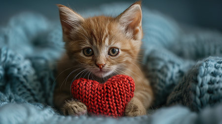 A cute kitty with a paper heart in its paws on a blue background with a copy of the space. The concept of celebrating Valentine's Day, as well as a picture for veterinary clinics or animal shelters.の素材