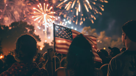 Patriotic holiday. Silhouettes of people holding the Flag of USA. America celebrate 4th of July.の素材