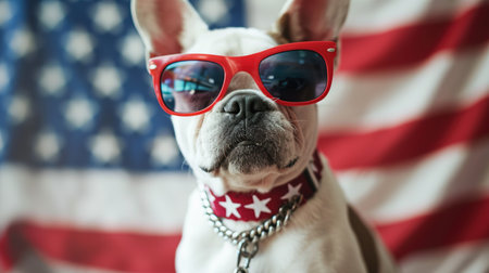Portrait of proud dog in stars and stripes sunglasses bow tie against the background of the American flag. Celebration of Independence day, 4th July, Memorial Day, American Flag Day, Labor day party eventの素材
