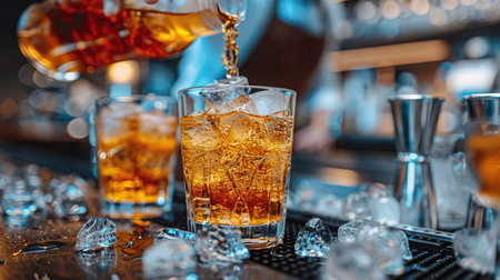 A close up shot of a bartender pouring whiskey. Classic old fashioned cocktail served with a cube of ice. Concept of bourbon whiskey, spirits and alcohol.の素材