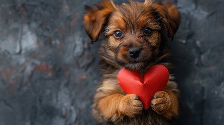 A cute puppy with a paper heart in its paws on a gray background with a copy of the space. The concept of celebrating Valentine's Day, as well as a picture for veterinary clinics or animal shelters.の素材