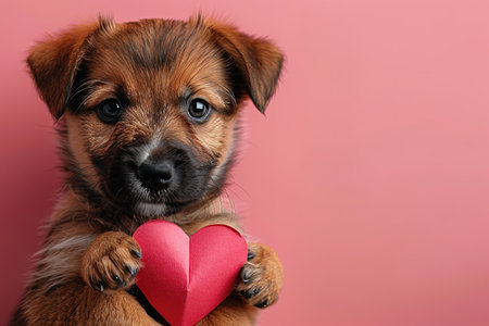 A cute puppy with a paper heart in its paws on a pink background with a copy of the space. The concept of celebrating Valentine's Day, as well as a picture for veterinary clinics or animal shelters.の素材