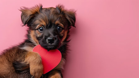 A cute puppy with a paper heart in its paws on a pink background with a copy of the space. The concept of celebrating Valentine's Day, as well as a picture for veterinary clinics or animal shelters.の素材