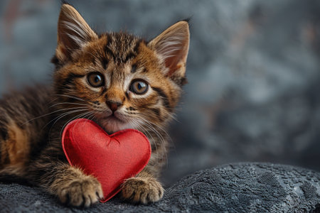 A cute kitty with a paper heart in its paws on a gray background with a copy of the space. The concept of celebrating Valentine's Day, as well as a picture for veterinary clinics or animal shelters.の素材