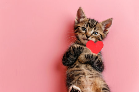 A cute kitty with a paper heart in its paws on a pink background with a copy of the space. The concept of celebrating Valentine's Day, as well as a picture for veterinary clinics or animal shelters.の素材
