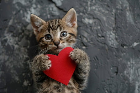A cute kitty with a paper heart in its paws on a gray background with a copy of the space. The concept of celebrating Valentine's Day, as well as a picture for veterinary clinics or animal shelters.の素材