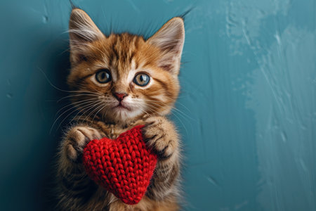 A cute kitty with a paper heart in its paws on a blue background with a copy of the space. The concept of celebrating Valentine's Day, as well as a picture for veterinary clinics or animal shelters.の素材